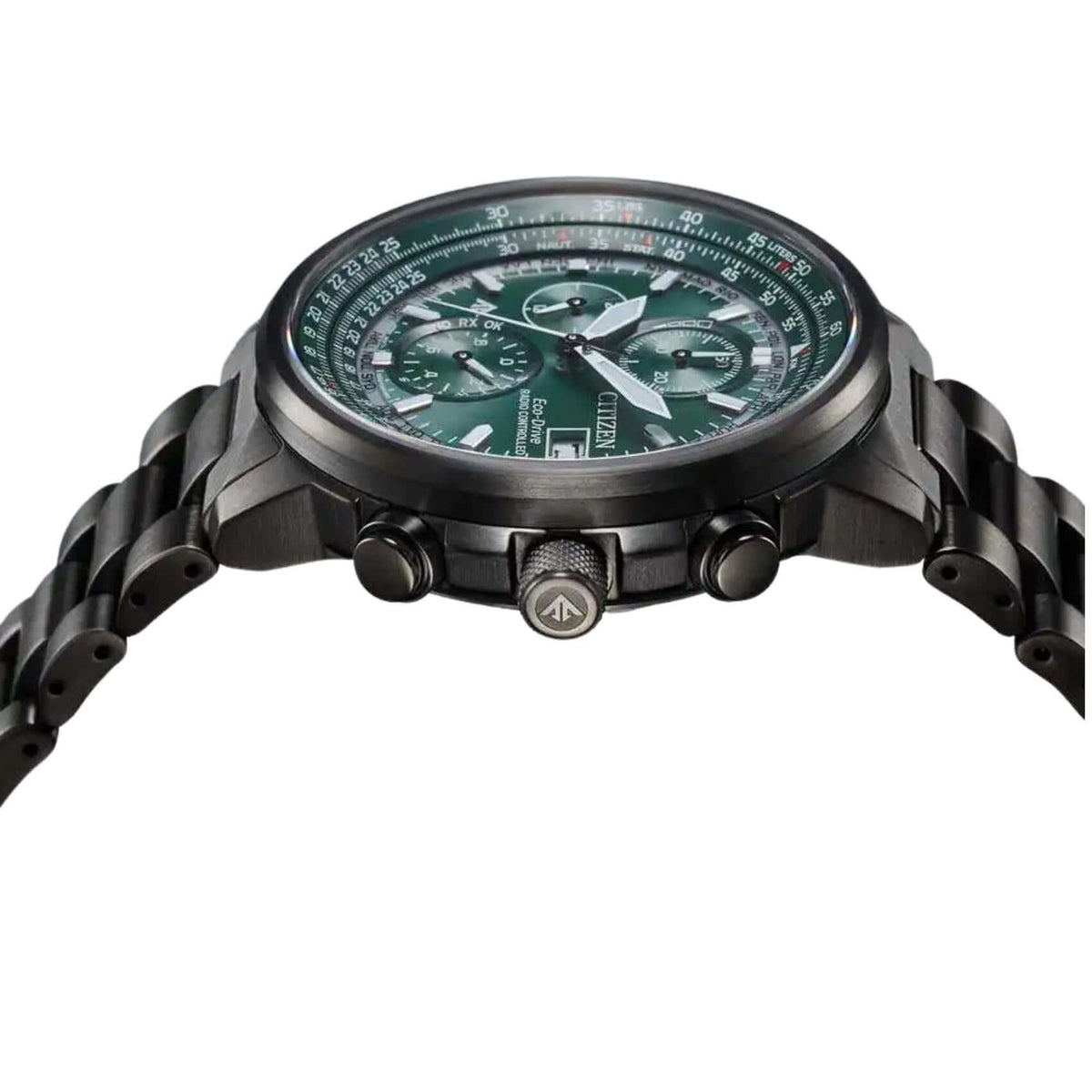 Πράσινο καντράν 41mm του ανδρικού ρολογιού Citizen Promaster Sky AT8304-57W με χρονογράφο, παγκόσμια ώρα και αχάρακτο ζαφείρι.