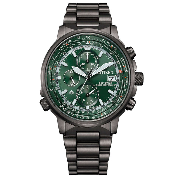 Ανδρικό ρολόι Citizen Promaster Sky AT8304-57W χρονογράφος με γκρι μπρασελέ από ανοξείδωτο ατσάλι, πράσινο καντράν 41mm και μηχανισμό Eco-Drive H800.