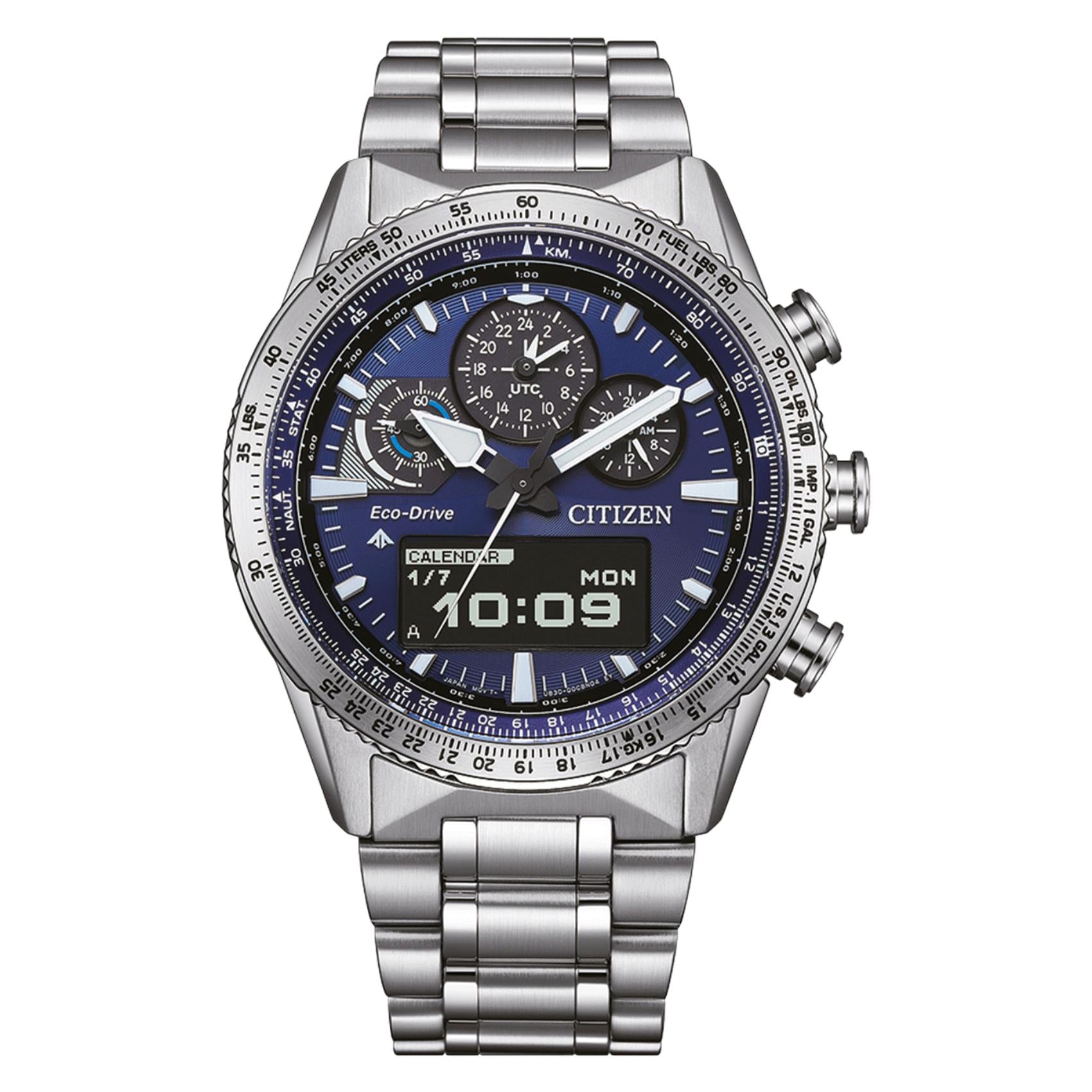 Ανδρικό ρολόι Citizen Promaster Sky JV2000-51L με ασημί μπρασελέ και μπλε καντράν 43mm με αναλογική και ψηφιακή ένδειξη.