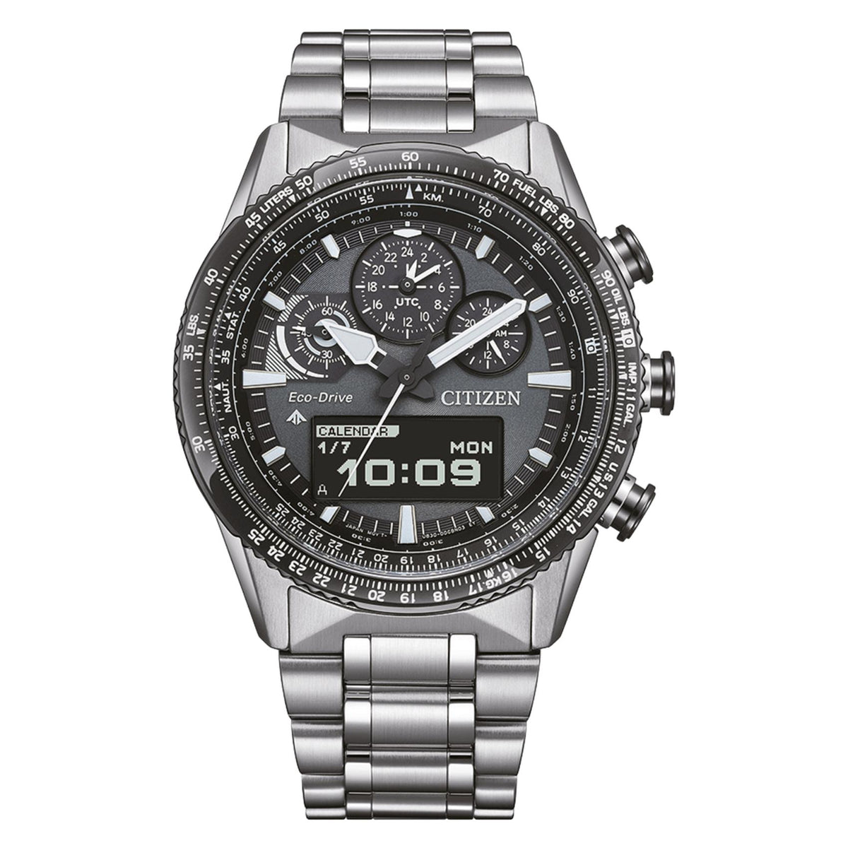 Ανδρικό ρολόι Citizen Promaster Sky JV2006-55H με ασημί μπρασελέ και γκρι καντράν 43mm με αναλογική και ψηφιακή ένδειξη.