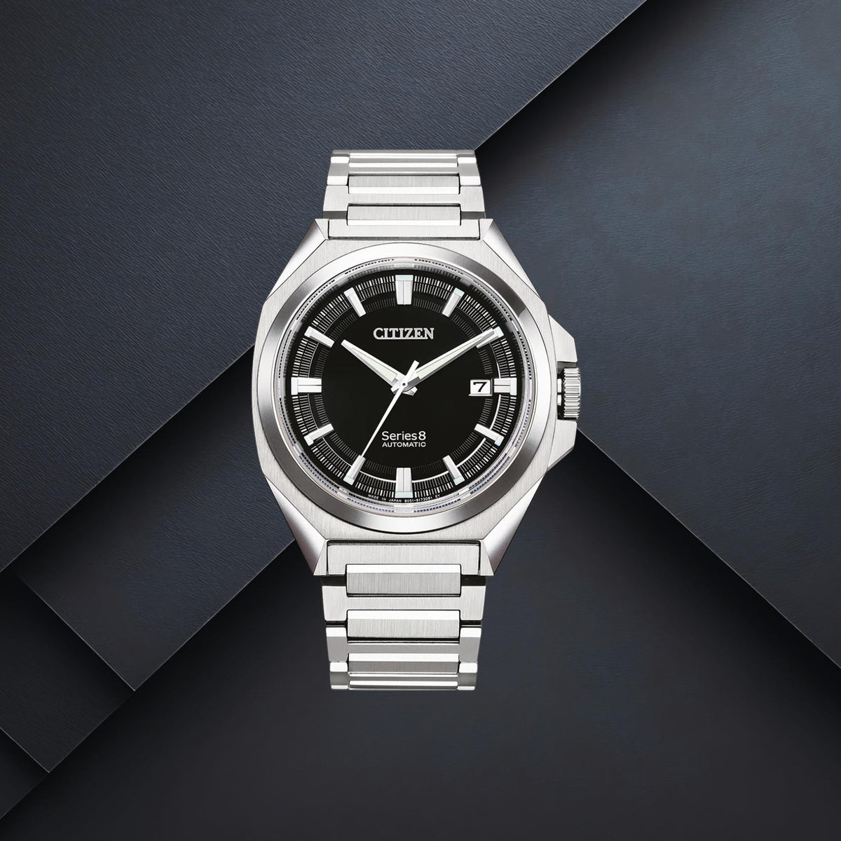 Ανδρικό ρολόι Citizen Series 8 NB6010-81E με ασημί μπρασελέ, μαύρο καντράν 40mm, ένδειξη ημερομηνίας