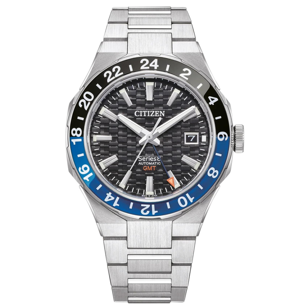 Ανδρικό ρολόι Citizen Series 8 GMT NB6031-56E με ασημί μπρασελέ και μαύρο καντράν