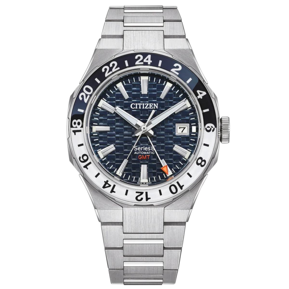 Ανδρικό ρολόι Citizen Series 8 GMT NB6034-58L με ασημί μπρασελέ και μπλε καντράν