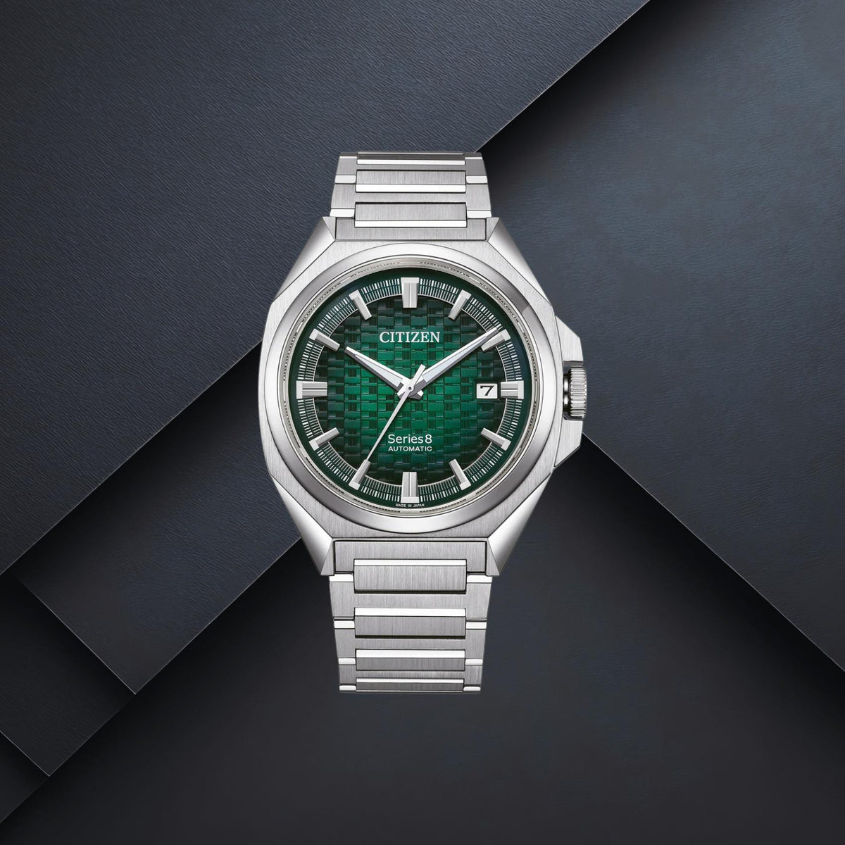 Ανδρικό ρολόι Citizen Series 8 NB6050-51W με ασημί μπρασελέ, πράσινο καντράν 40.1mm, ένδειξη ημερομηνίας
