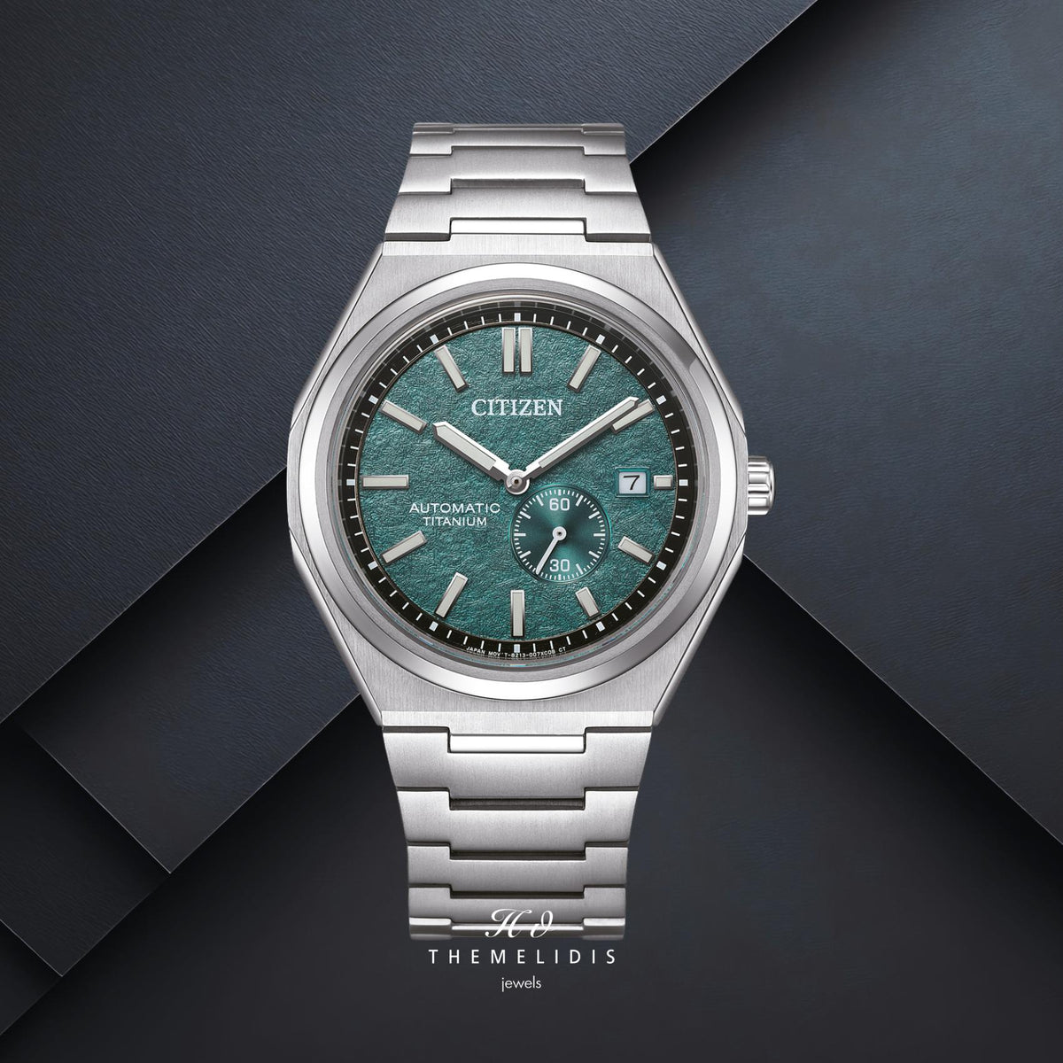 Ανδρικό αυτόματο ρολόι Citizen Super Titanium NJ0180-80X με ασημί μπρασελέ και πράσινο καντράν