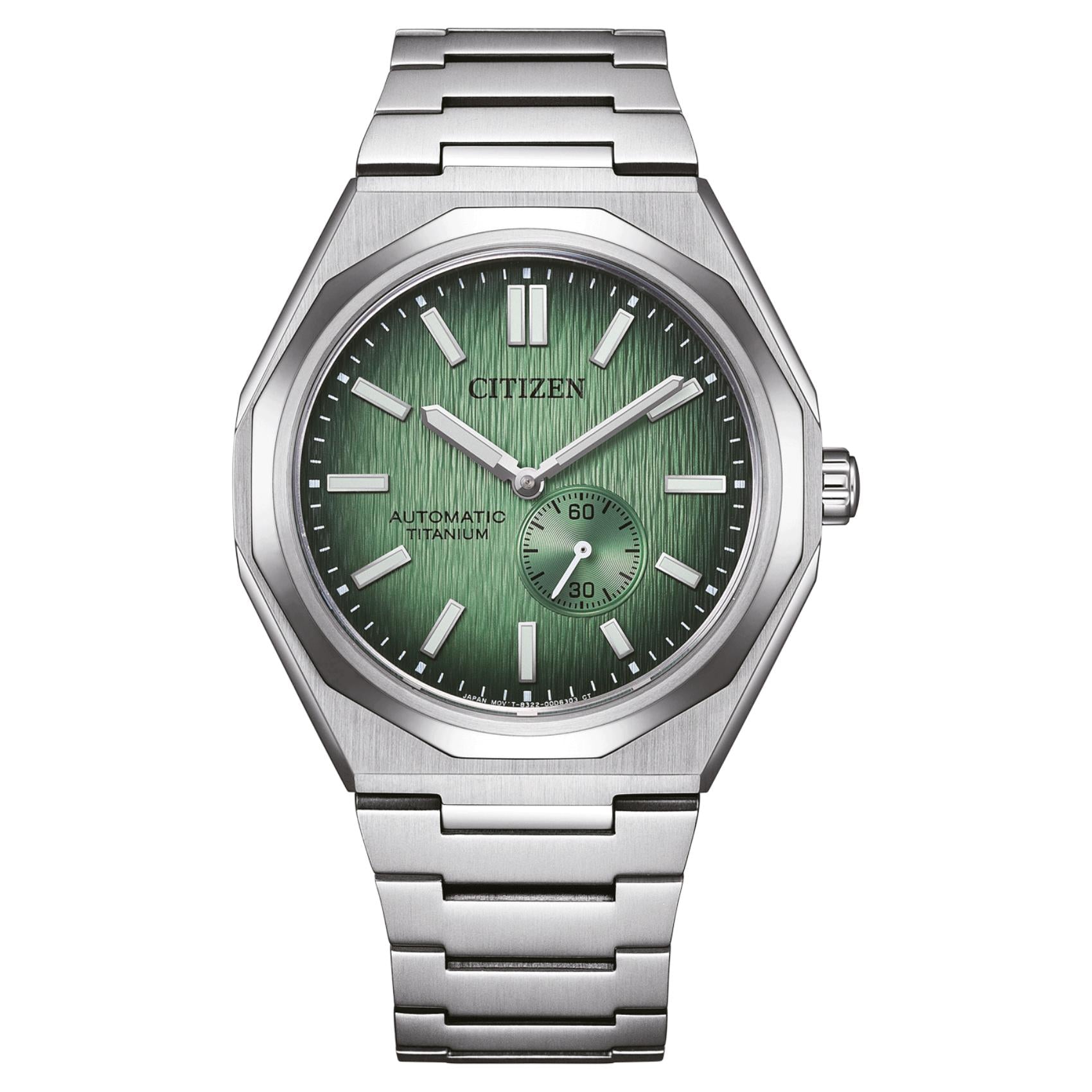 Ανδρικό αυτόματο ρολόι Citizen Super Titanium Zenshin 60 NK5020-58X με ασημί μπρασελέ από Super Titanium και πράσινο καντράν