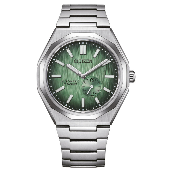 Ανδρικό αυτόματο ρολόι Citizen Super Titanium Zenshin 60 NK5020-58X με ασημί μπρασελέ από Super Titanium και πράσινο καντράν