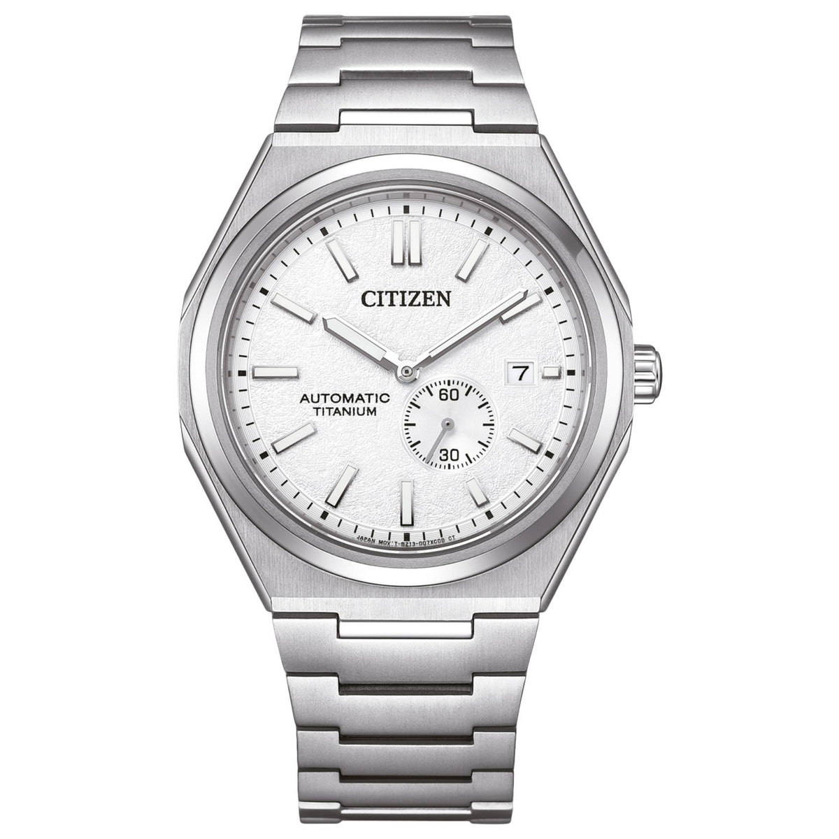 Ανδρικό αυτόματο ρολόι Citizen Super Titanium Zenshin NJ0180-80A με ασημί μπρασελέ και ανάγλυφο λευκό καντράν
