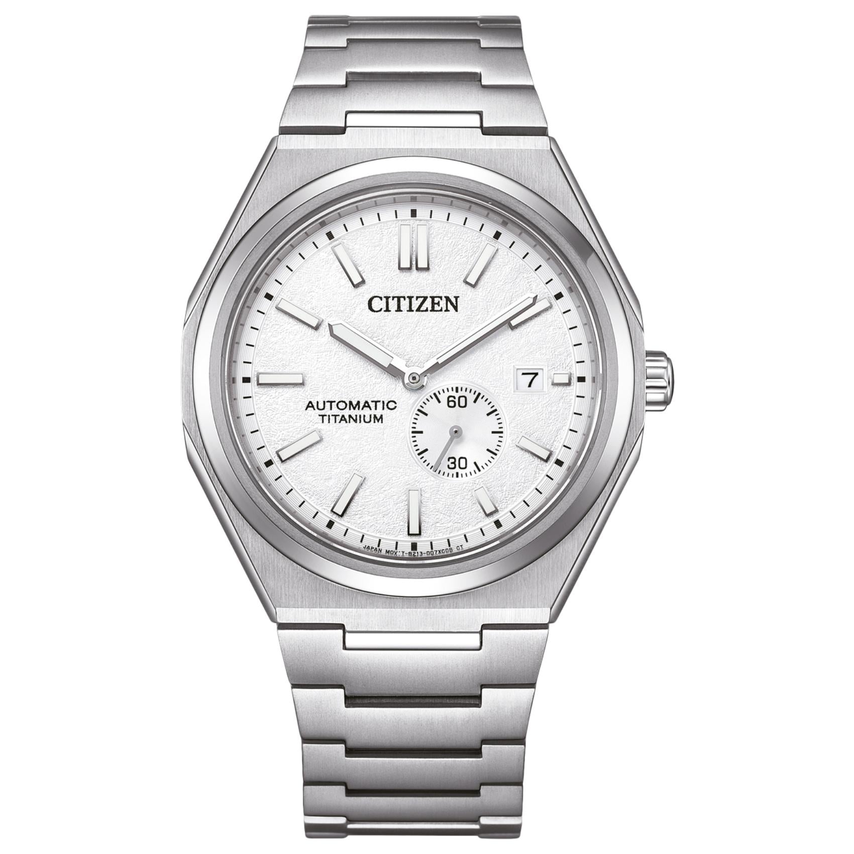 Ανδρικό αυτόματο ρολόι Citizen Super Titanium Zenshin NJ0180-80A με ασημί μπρασελέ και ανάγλυφο λευκό καντράν