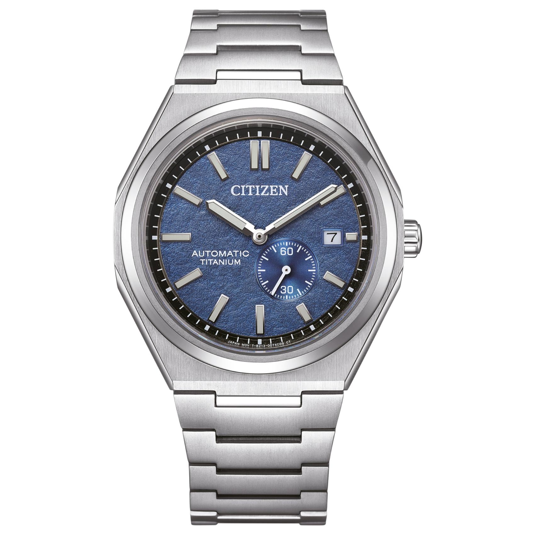 Ανδρικό αυτόματο ρολόι Citizen Super Titanium Zenshin NJ0180-80L με ασημί μπρασελέ και ανάγλυφο μπλε καντράν