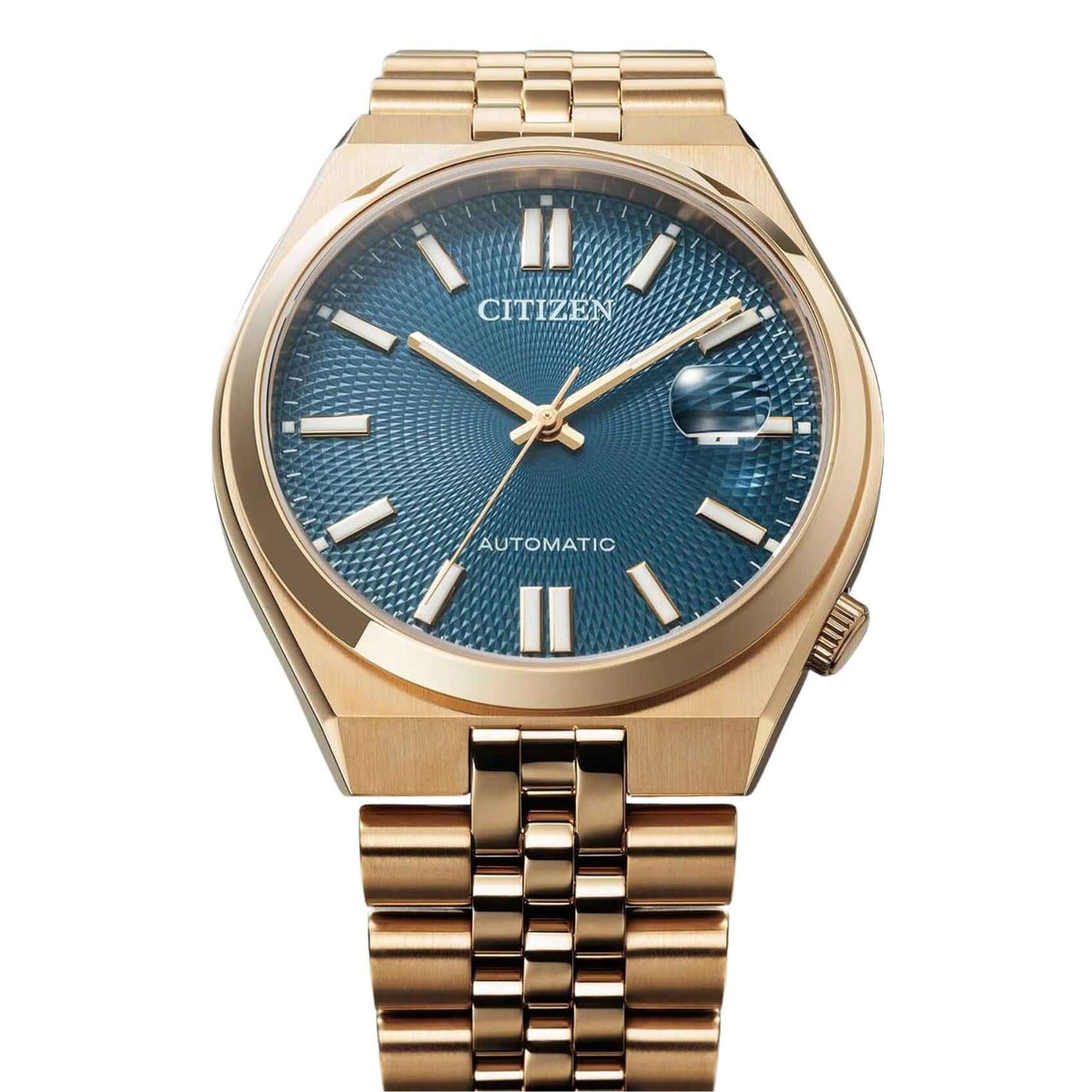 Μπλε καντράν 40mm του ανδρικού ρολογιού Citizen Tsuyosa 60 NK0023-57L με ένδειξη ημερομηνίας.