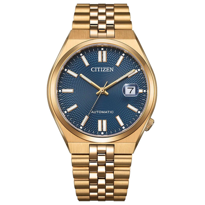 Ανδρικό αυτόματο ρολόι Citizen Tsuyosa 60 NK0023-57L με ροζ χρυσό μπρασελέ και μπλε καντράν 40mm με ένδειξη ημερομηνίας.