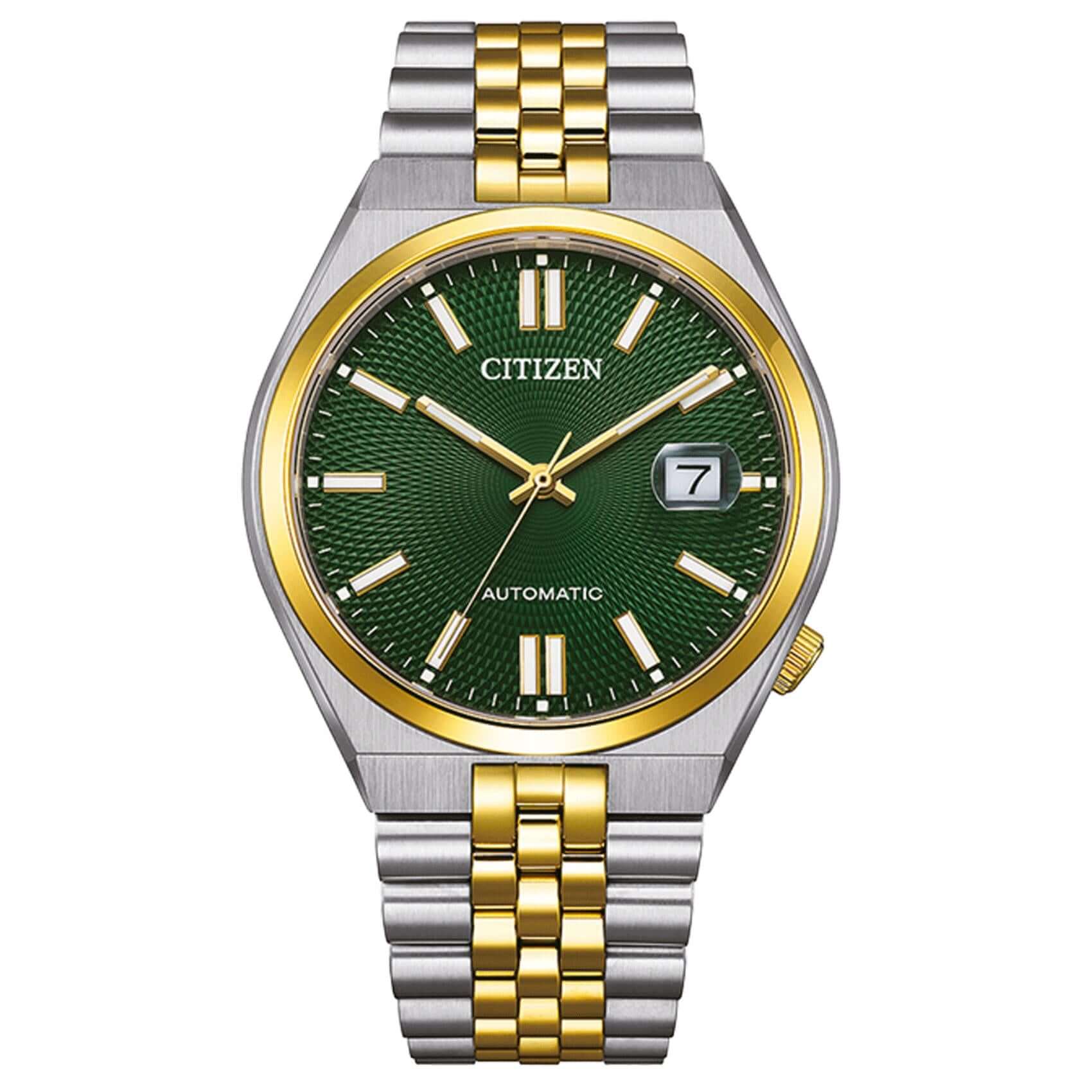 Ανδρικό αυτόματο ρολόι Citizen Tsuyosa 60 NK0024-54X με δίχρωμο μπρασελέ και πράσινο καντράν 40mm με ένδειξη ημερομηνίας.