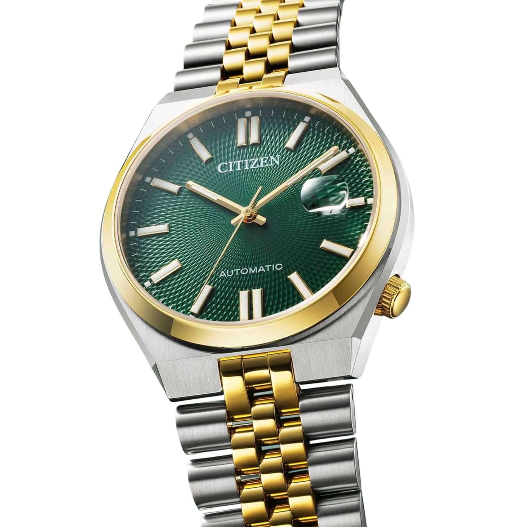 Πράσινο καντράν 40mm του ανδρικού ρολογιού Citizen Tsuyosa 60 NK0024-54X με ένδειξη ημερομηνίας.