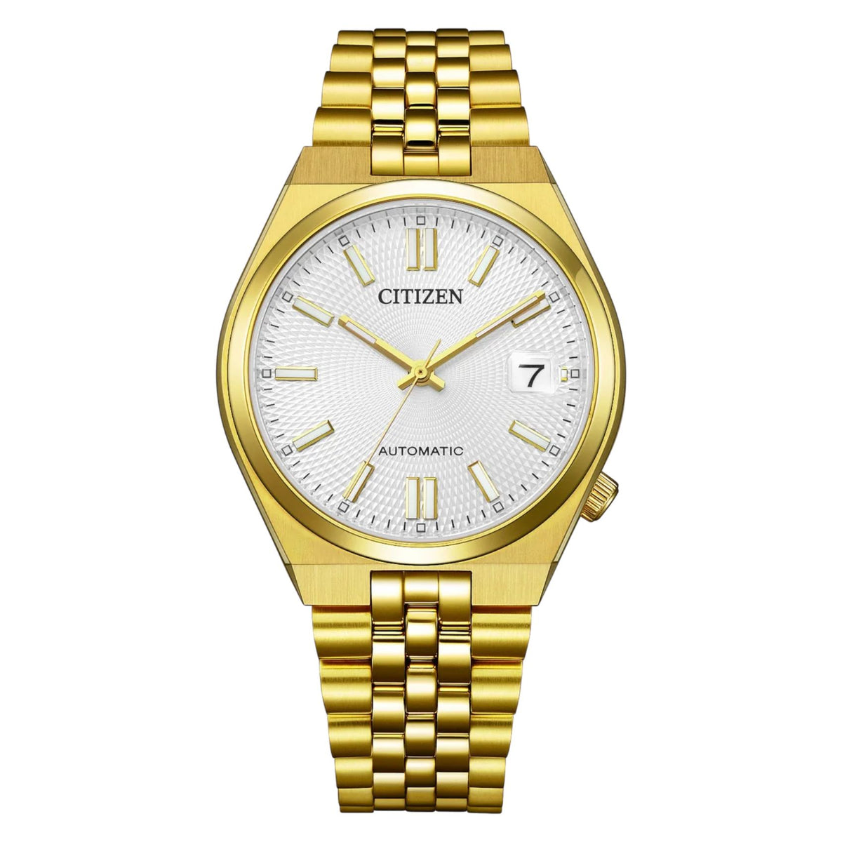Ανδρικό ρολόι Citizen Tsuyosa 60 NK0032-56A με χρυσό μπρασελέ και λευκό καντράν και ημερομηνία