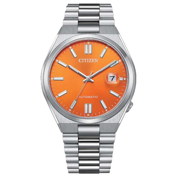 Ανδρικό ρολόι Citizen Tsuyosa NJ0151-88Z με ασημί μπρασελέ από ανοξείδωτο ατσάλι, πορτοκαλί καντράν 40mm και αυτόματο μηχανισμό Caliber 8210.