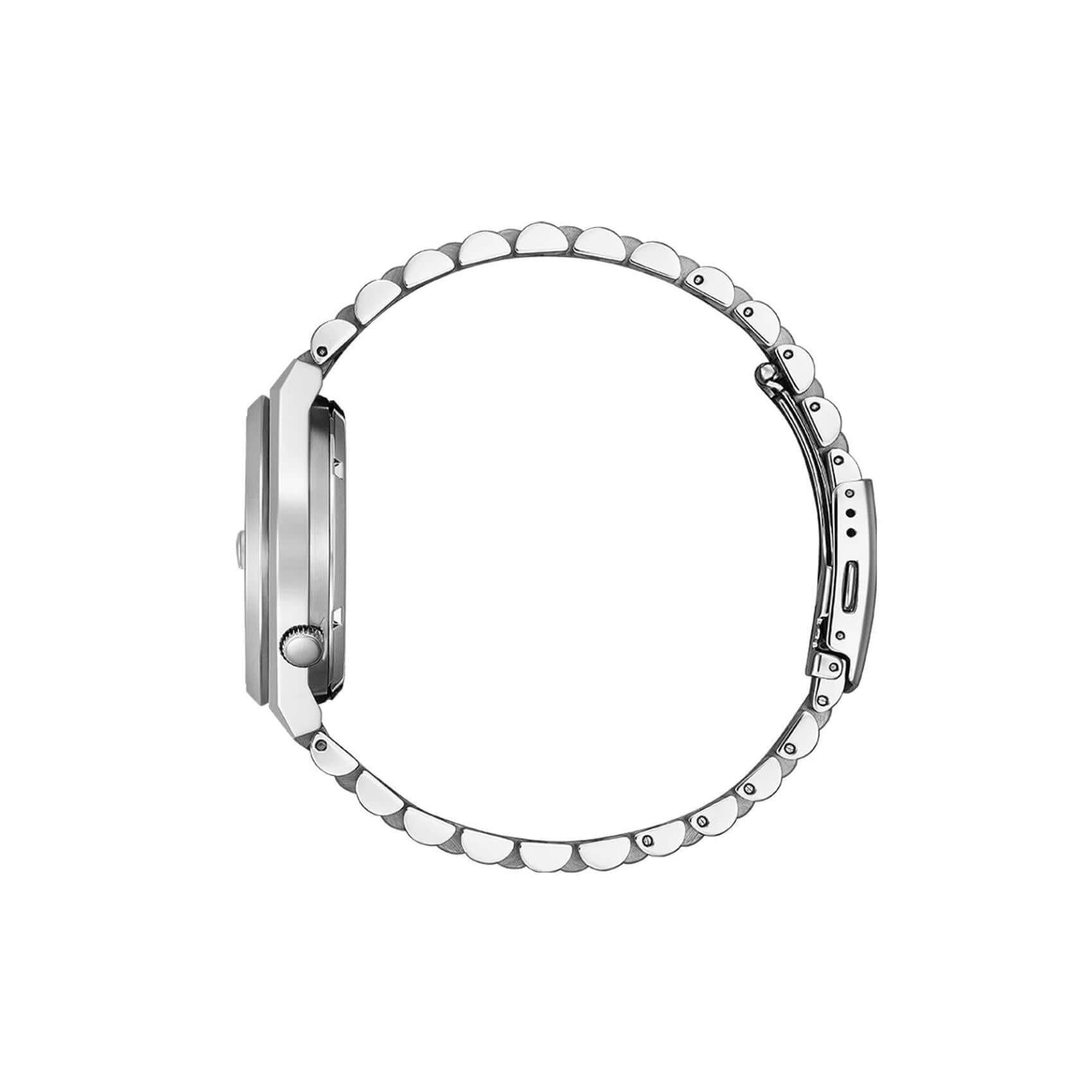 Ασημί μπρασελέ του ανδρικού ρολογιού Citizen Tsuyosa NJ0151-88Z από ανοξείδωτο ατσάλι με κούμπωμα ασφαλείας.