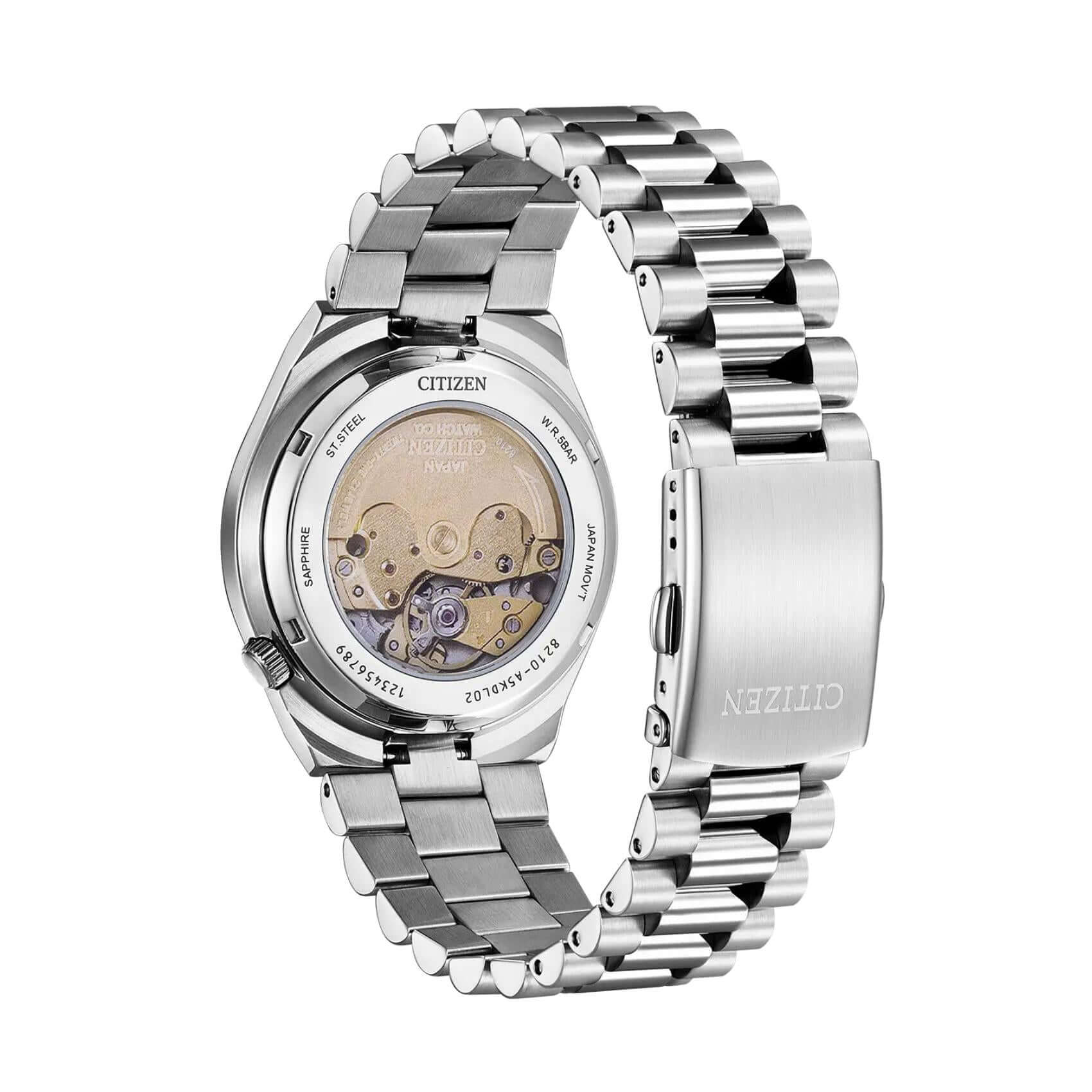 Πίσω όψη open back του ανδρικού ρολογιού Citizen Tsuyosa NJ0159-86A με ορατό αυτόματο μηχανισμό Caliber 8210.