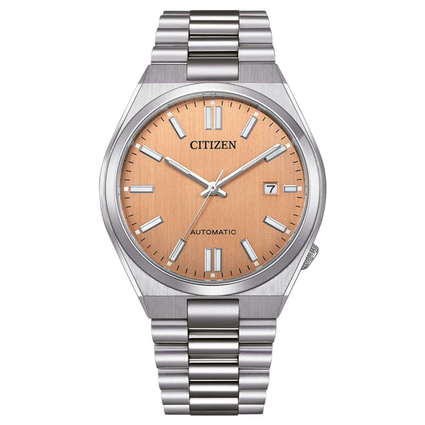 Ανδρικό ρολόι Citizen Tsuyosa NJ0159-86Z με ασημί μπρασελέ και πορτοκαλί καντράν 40mm με ένδειξη ημερομηνίας.