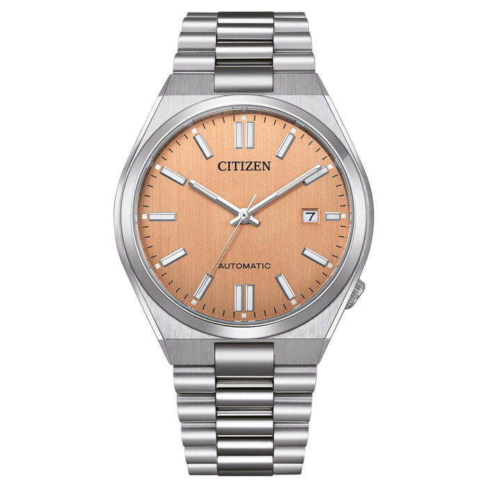 Ανδρικό ρολόι Citizen Tsuyosa NJ0159-86Z με ασημί μπρασελέ και πορτοκαλί καντράν 40mm με ένδειξη ημερομηνίας.