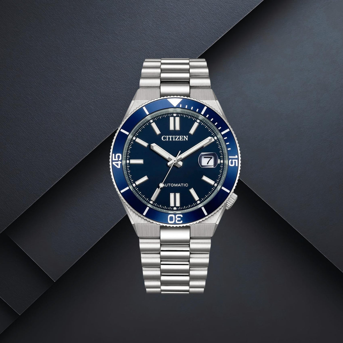 Ανδρικό ρολόι Citizen TSUYOSA Shore NJ0230-59L με ασημί μπρασελέ, μπλε καντράν 40mm, ένδειξη ημερομηνίας