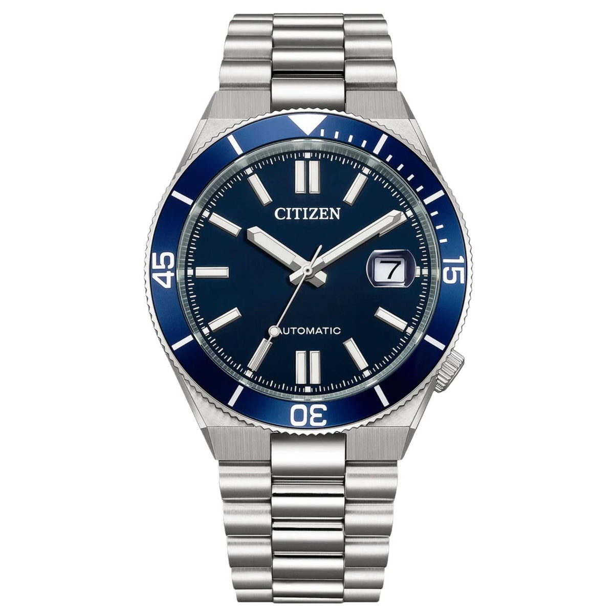 Ανδρικό ρολόι Citizen TSUYOSA Shore NJ0230-59L με ασημί μπρασελέ και μπλε καντράν