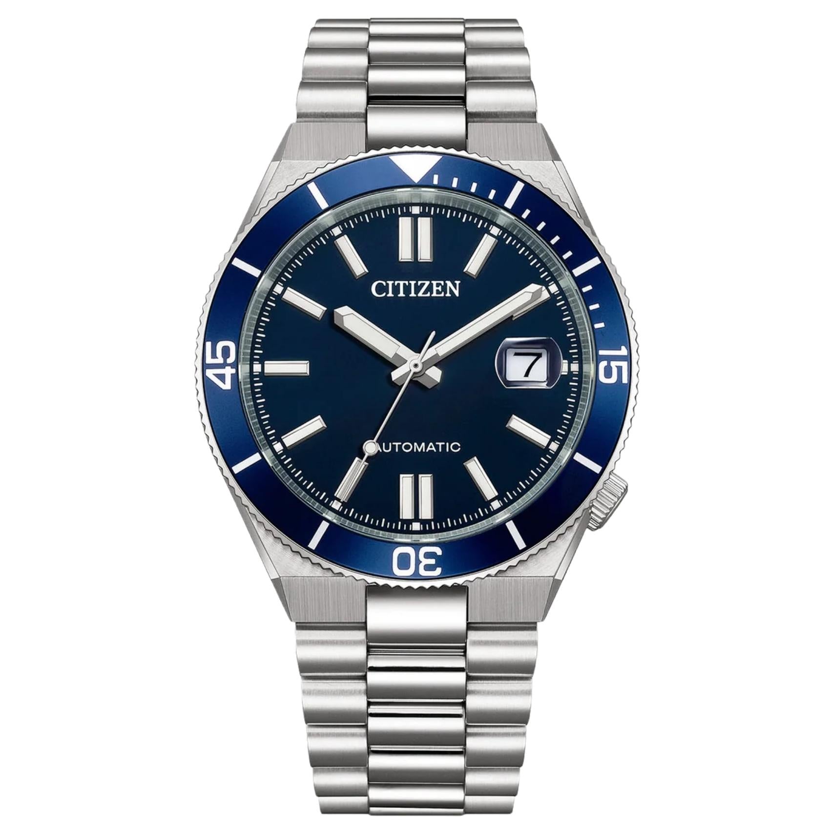 Ανδρικό ρολόι Citizen TSUYOSA Shore NJ0230-59L με ασημί μπρασελέ και μπλε καντράν