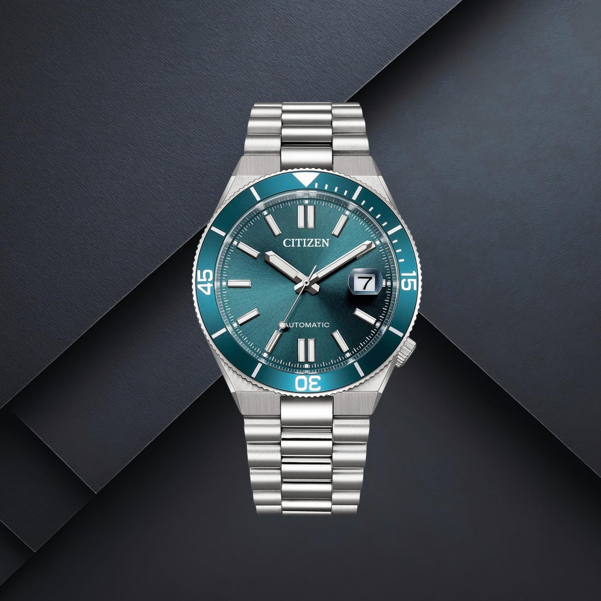 Ανδρικό ρολόι Citizen TSUYOSA Shore NJ0231-56L με ασημί μπρασελέ, τιρκουάζ καντράν 40mm, ένδειξη ημερομηνίας