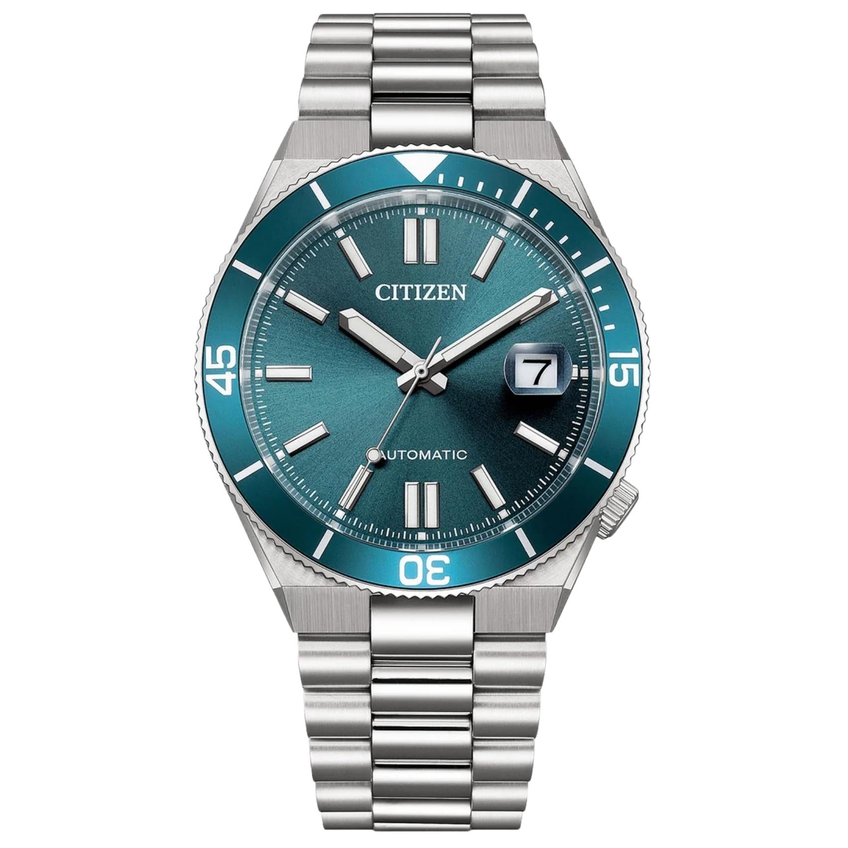 Ανδρικό ρολόι Citizen TSUYOSA Shore NJ0231-56L με ασημί μπρασελέ και τιρκουάζ καντράν
