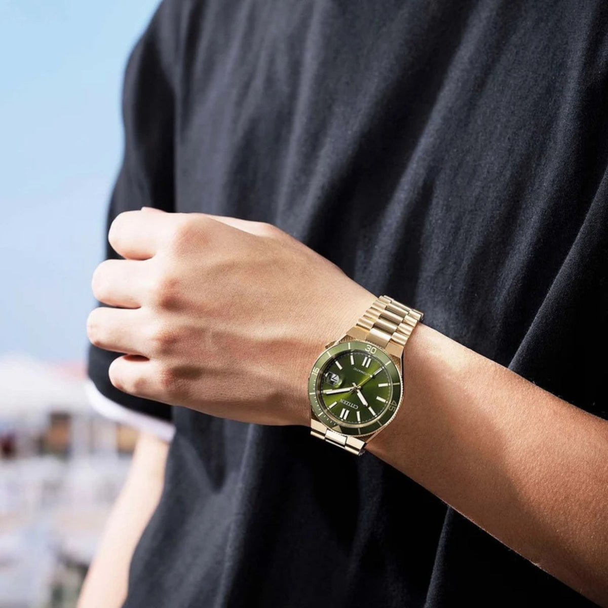 Ανδρικό Ρολόι Citizen Tsuyosa Shore NJ0232-53X με Χρυσό Μπρασελέ & Πράσινο Καντράν