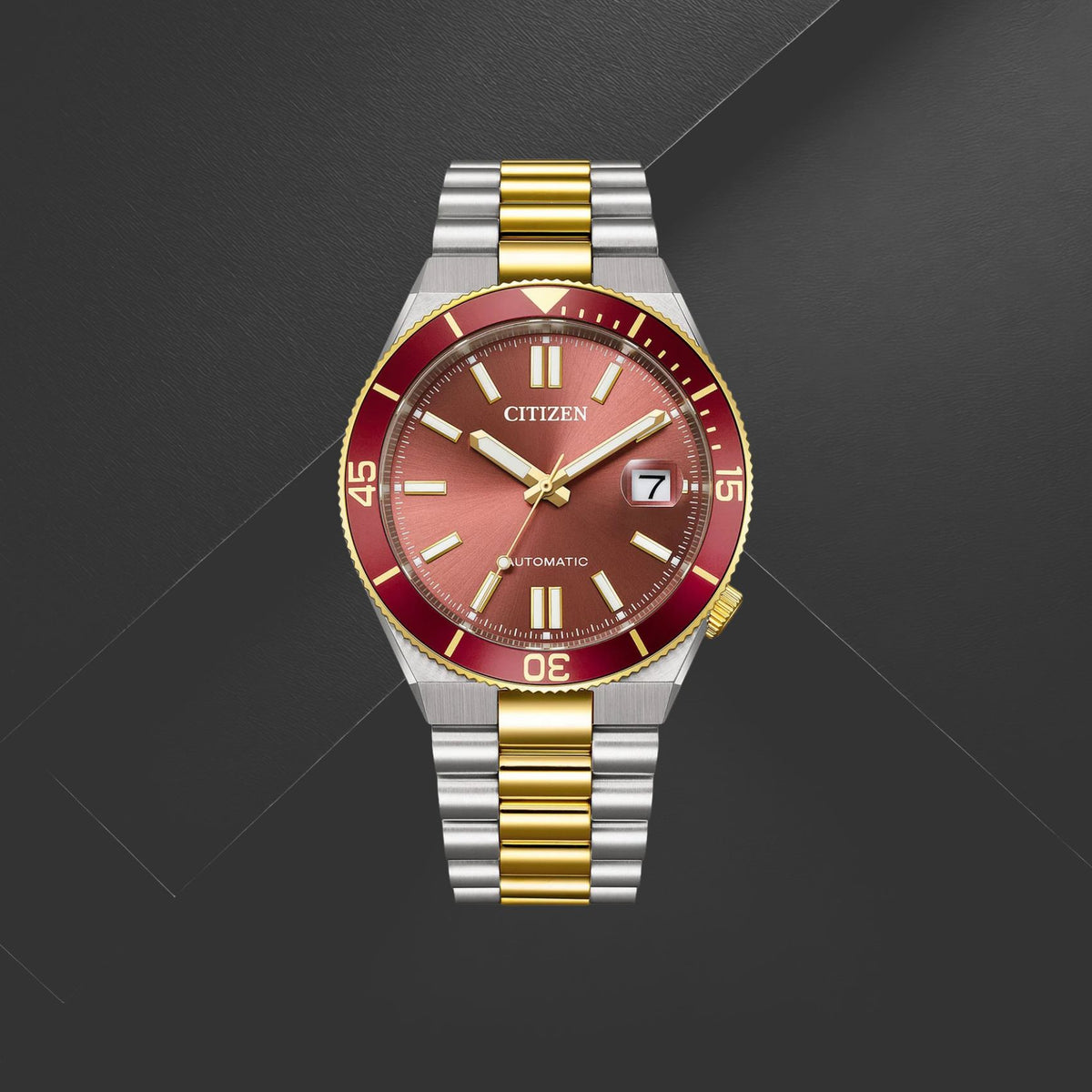 Ανδρικό ρολόι Citizen Tsuyosa Shore NJ0234-58X με ασημί-χρυσό μπρασελέ, κόκκινο καντράν 40mm, ένδειξη ημερομηνίας