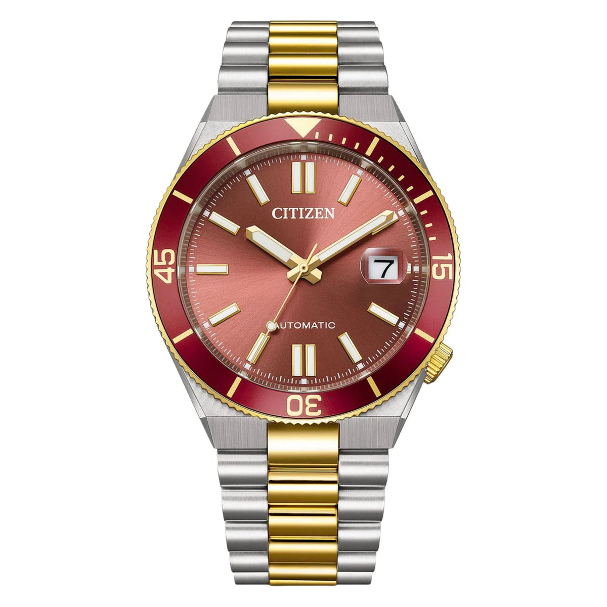 Ανδρικό ρολόι Citizen Tsuyosa Shore NJ0234-58X με ασημί-χρυσό μπρασελέ και κόκκινο καντράν