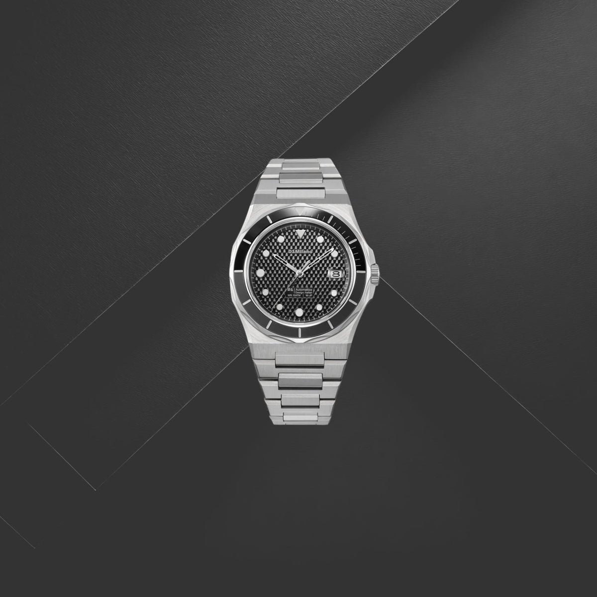 Ανδρικό ρολόι D1 Milano Automatico Dual Black D1-ATBJ20 με ασημί μπρασελέ, μαύρο καντράν 40mm, ημερομηνία