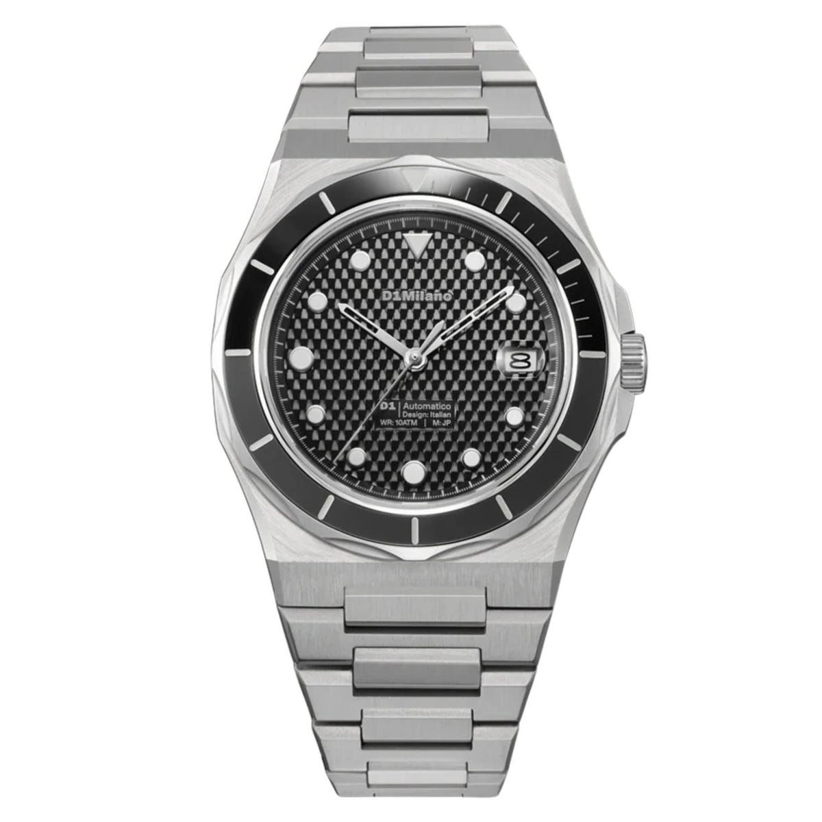 Ανδρικό ρολόι D1 Milano Automatico Dual Black D1-ATBJ20 με ασημί μπρασελέ και μαύρο καντράν