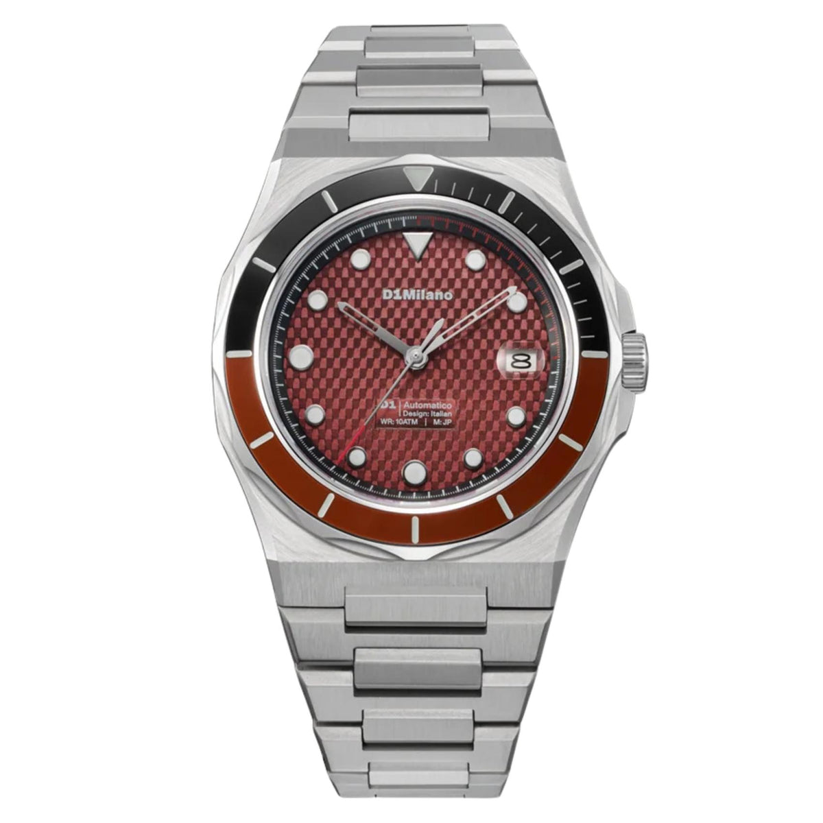 Ανδρικό ρολόι D1 Milano Automatico Dual Red D1-ATBJ22 με ασημί μπρασελέ και κόκκινο καντράν