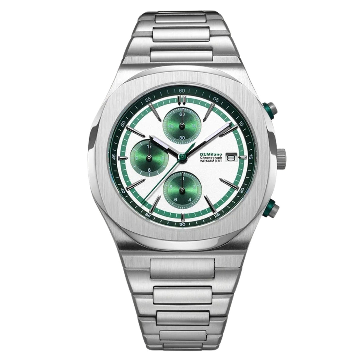 Ανδρικό ρολόι D1 Milano Chrono D1-CHBJ25 με ασημί ατσάλινο μπρασελέ και λευκό-πράσινο καντράν