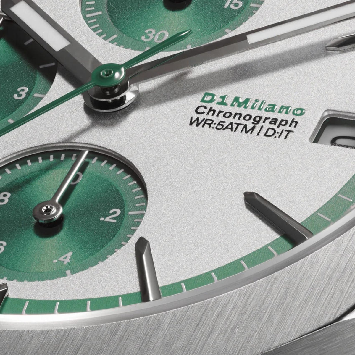 Λευκό-πράσινο καντράν ρολογιού D1 Milano Chrono D1-CHBJ25 διαμέτρου 39mm με ένδειξη ημερομηνίας και χρονογράφο