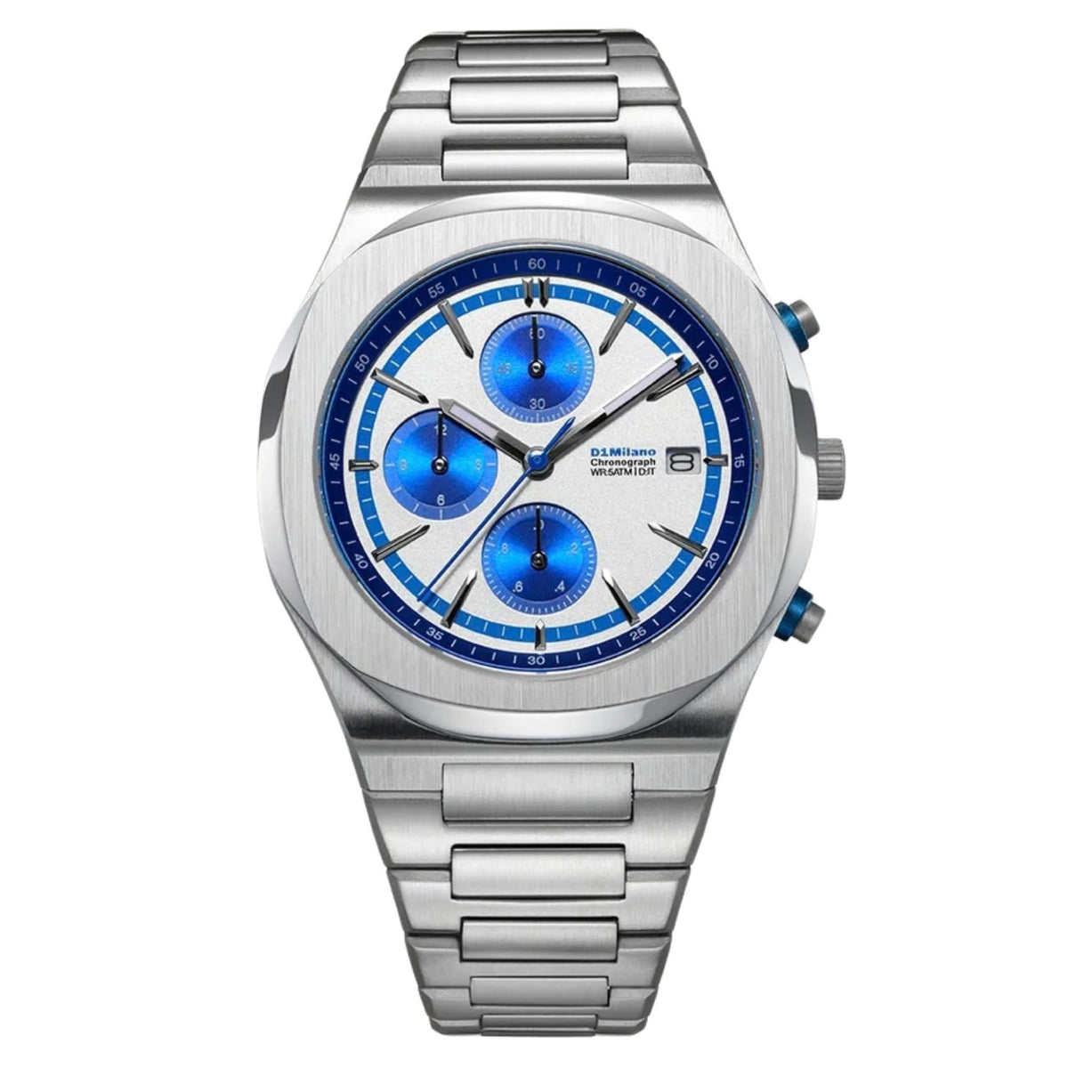 Ανδρικό ρολόι D1 Milano Chrono D1-CHBJ26 με ασημί ατσάλινο μπρασελέ και λευκό-μπλε καντράν