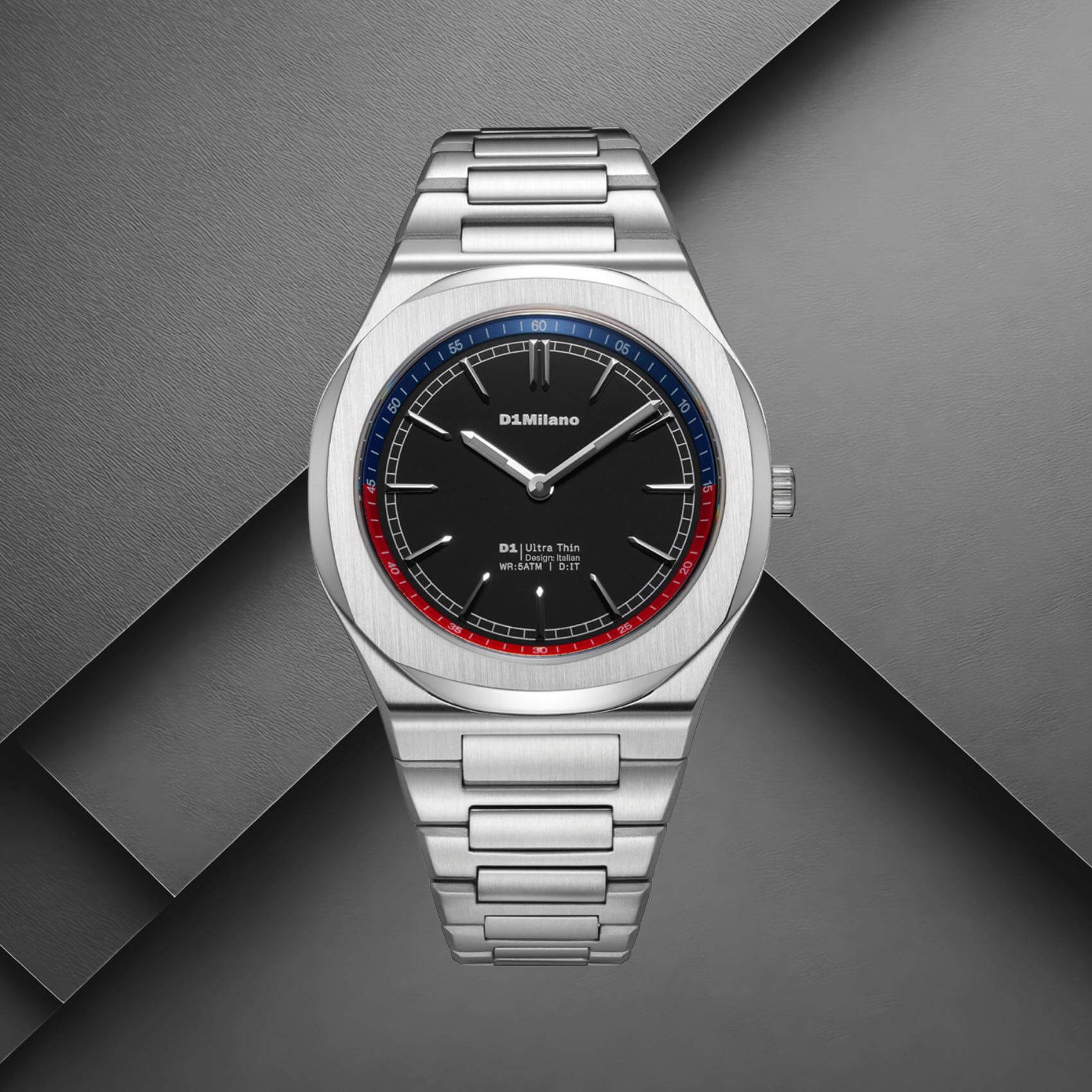 Ανδρικό ρολόι D1 Milano Classic Oxymor D1-UHBJ06 σε studio background με ασημί ατσάλινο μπρασελέ και μαύρο καντράν.