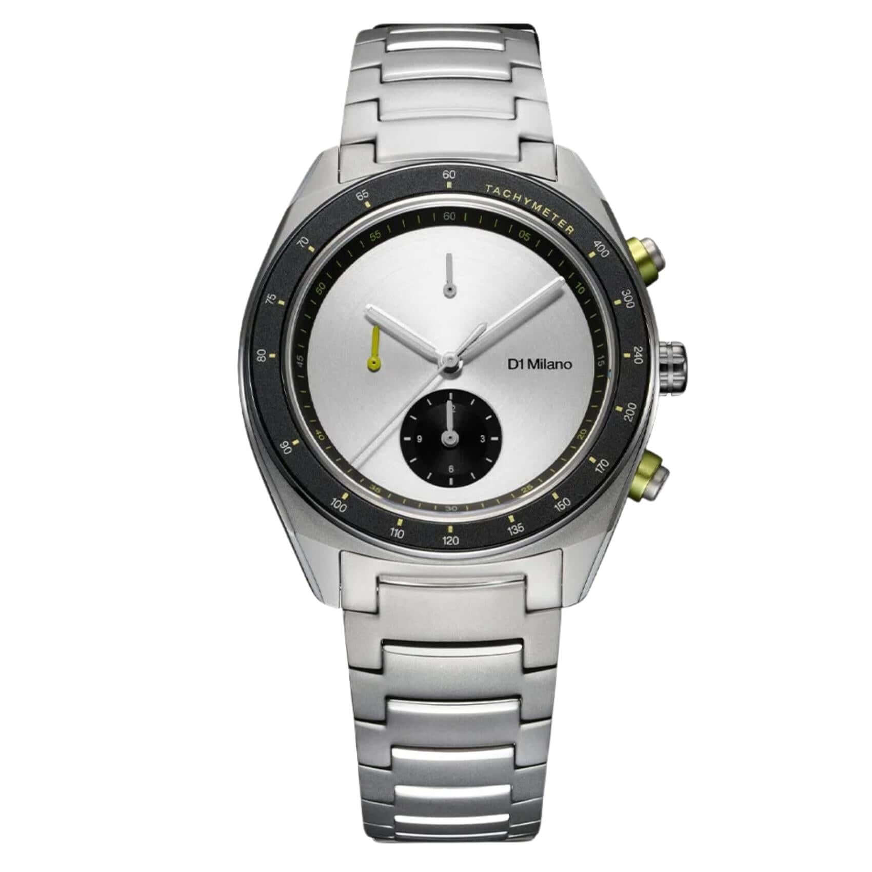 Ρολόι D1 Milano Essential Chronograph D1-CHBJ20 ανδρικό, ασημί μπρασελέ από ανοξείδωτο ατσάλι, κάσα ανοξείδωτη με σατινέ φινίρισμα, ασημί καντράν Ø40 mm, ζαφείρι κρύσταλλο, μηχανισμός Quartz EPSON YM92, λειτουργία χρονογράφου, αδιάβροχο 5 ATM κατάλληλο για κολύμβηση.