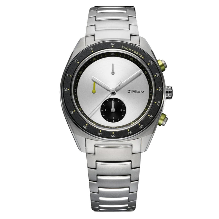Ρολόι D1 Milano Essential Chronograph D1-CHBJ20 ανδρικό, ασημί μπρασελέ από ανοξείδωτο ατσάλι, κάσα ανοξείδωτη με σατινέ φινίρισμα, ασημί καντράν Ø40 mm, ζαφείρι κρύσταλλο, μηχανισμός Quartz EPSON YM92, λειτουργία χρονογράφου, αδιάβροχο 5 ATM κατάλληλο για κολύμβηση.