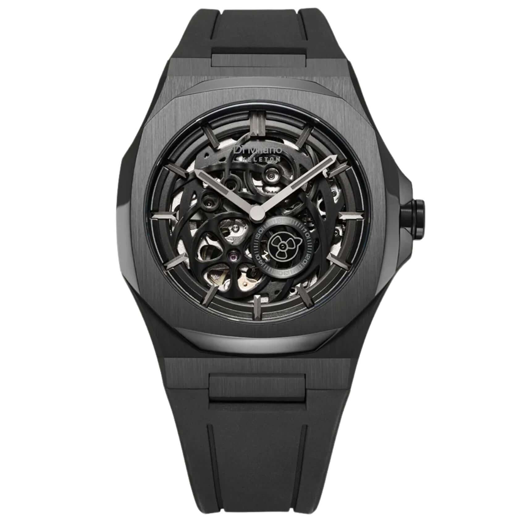 Ανδρικό ρολόι D1 Milano Jet Black Skeleton Rubber D1-SKRJ17 με οκτάγωνη κάσα και μαύρο λουρί καουτσούκ.
