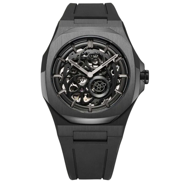 Ανδρικό ρολόι D1 Milano Jet Black Skeleton Rubber D1-SKRJ17 με οκτάγωνη κάσα και μαύρο λουρί καουτσούκ.