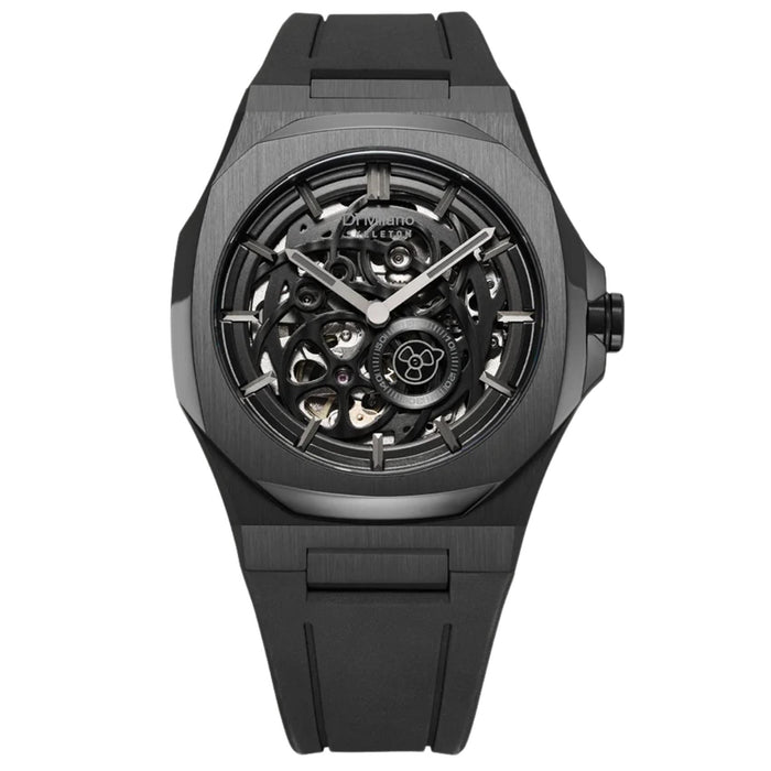 Ανδρικό ρολόι D1 Milano Jet Black Skeleton Rubber D1-SKRJ17 με οκτάγωνη κάσα και μαύρο λουρί καουτσούκ.