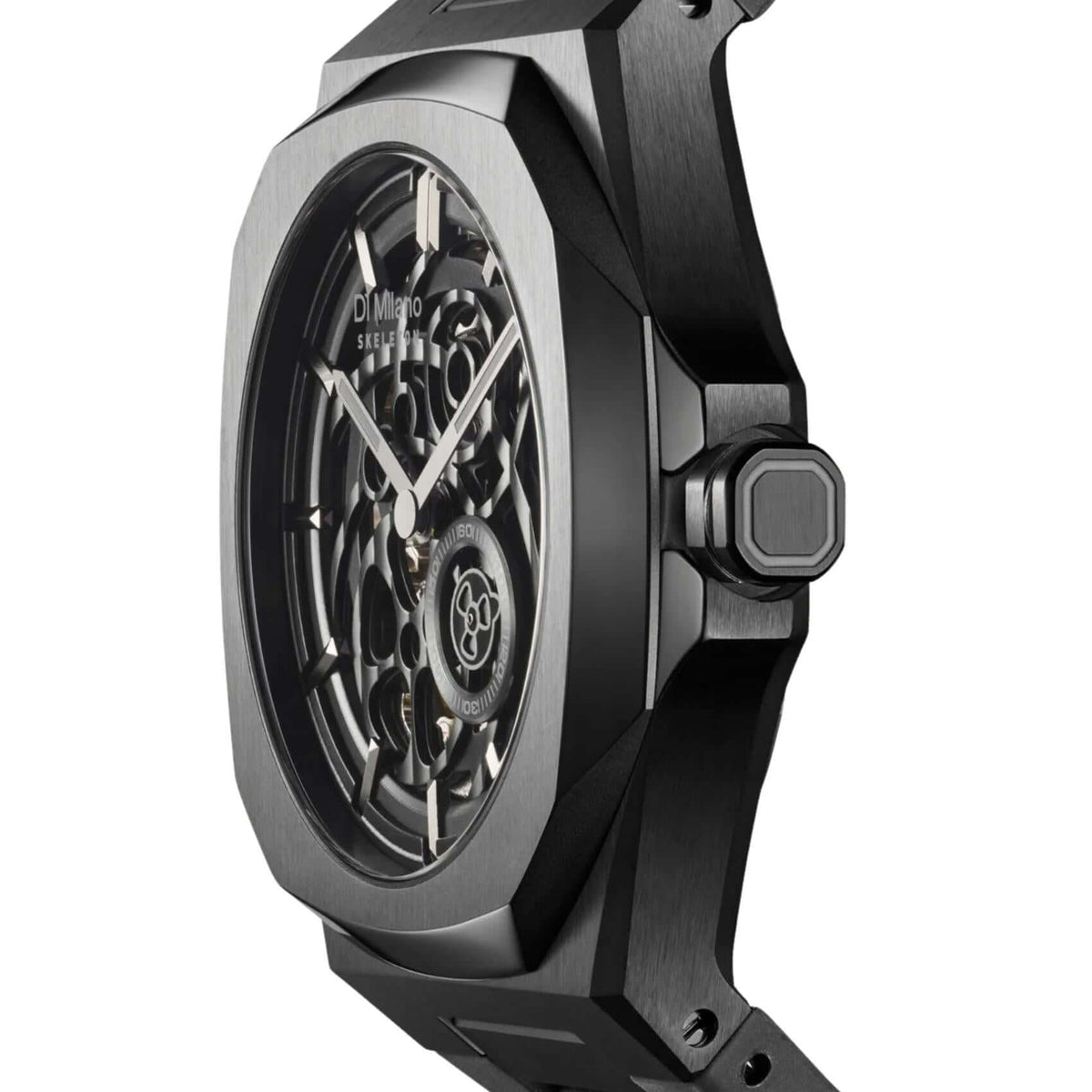 Κοντινό στο μαύρο skeleton καντράν του D1 Milano Jet Black Skeleton Rubber D1-SKRJ17 με ζαφείρι τζαμάκι.