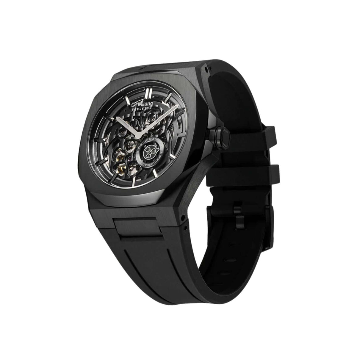 Πλάγια όψη του D1 Milano Jet Black Skeleton Rubber D1-SKRJ17 που αναδεικνύει την οκτάγωνη ανοξείδωτη κάσα.