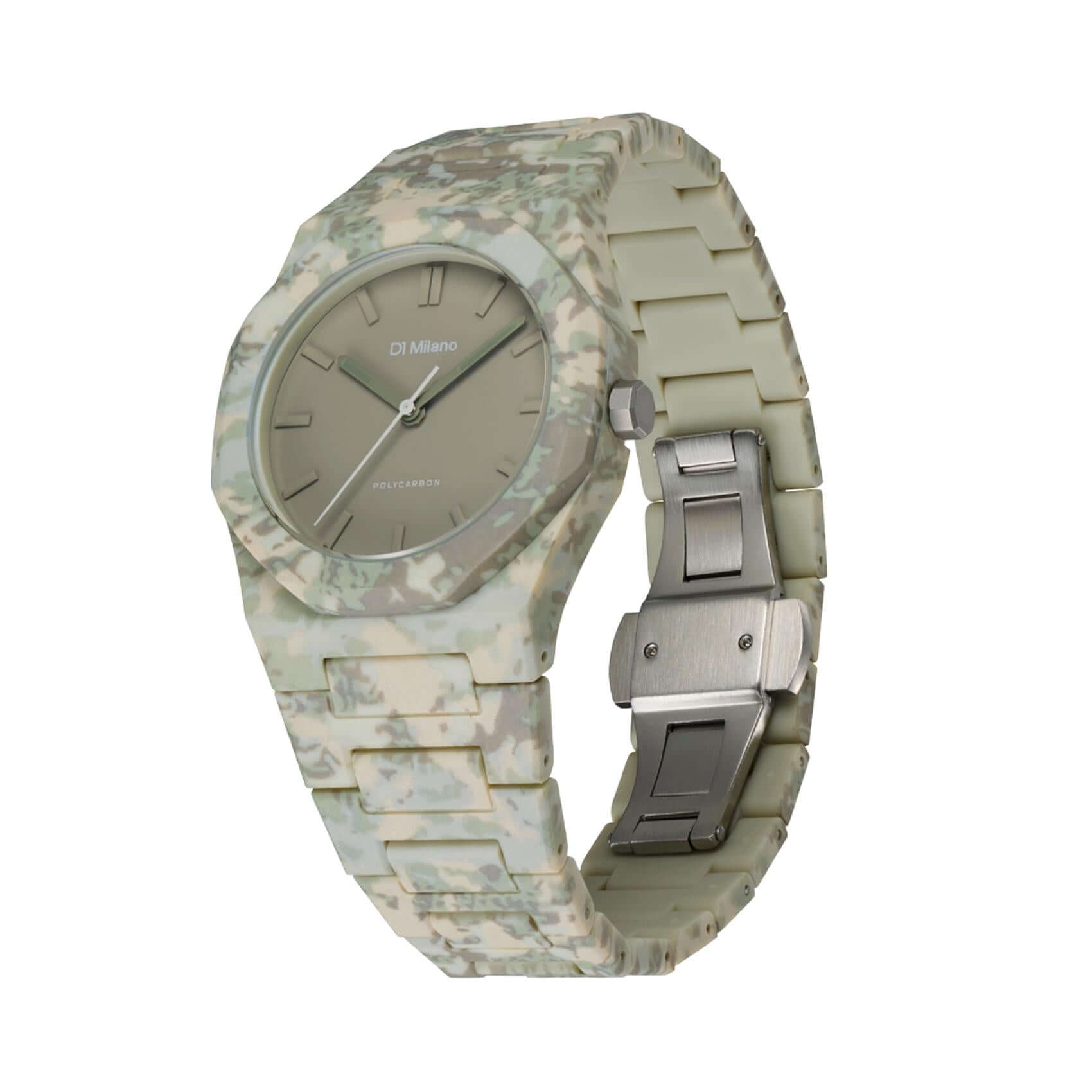 Πολυκαρμπονικό camo μπρασελέ του D1 Milano D1-PCBJ38 με οργανικό πράσινο μοτίβο και κούμπωμα butterfly.