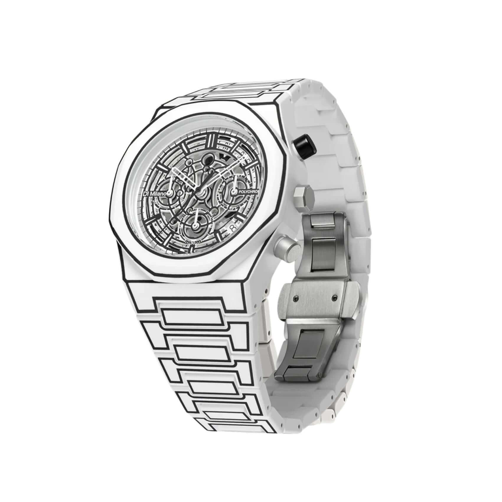 Πλάγια όψη του D1 Milano Polychrono Sketch D1-PHBJ13 με λευκή πολυκαρμπονική κάσα και minimal γραμμές.