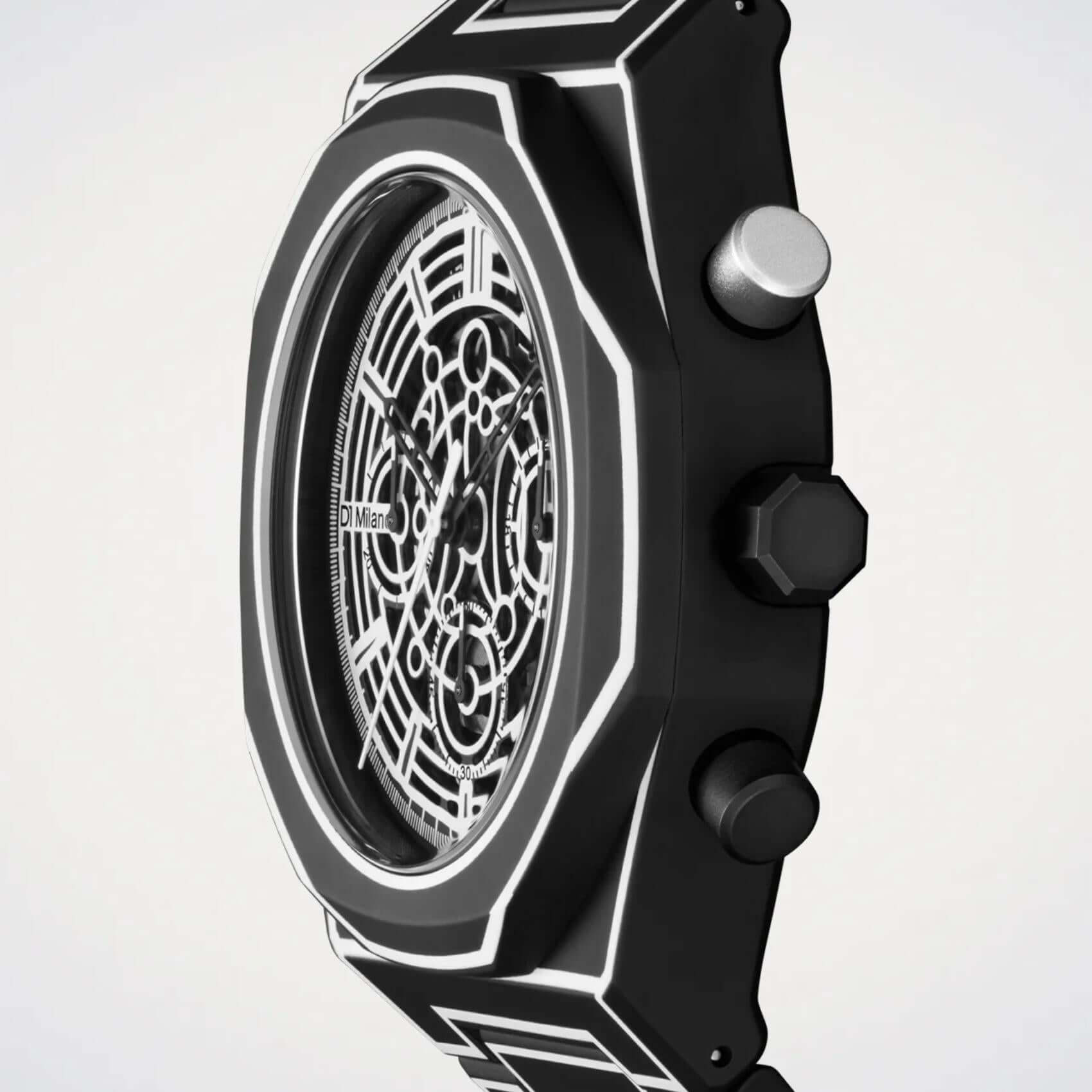 Ανδρικό ρολόι D1 Milano Skeleton Black Sketch D1-PHBJ14 με μαύρο πολυκαρμπονικό μπρασελέ και μαύρο skeleton καντράν 40.5mm, πλαϊνή όψη.