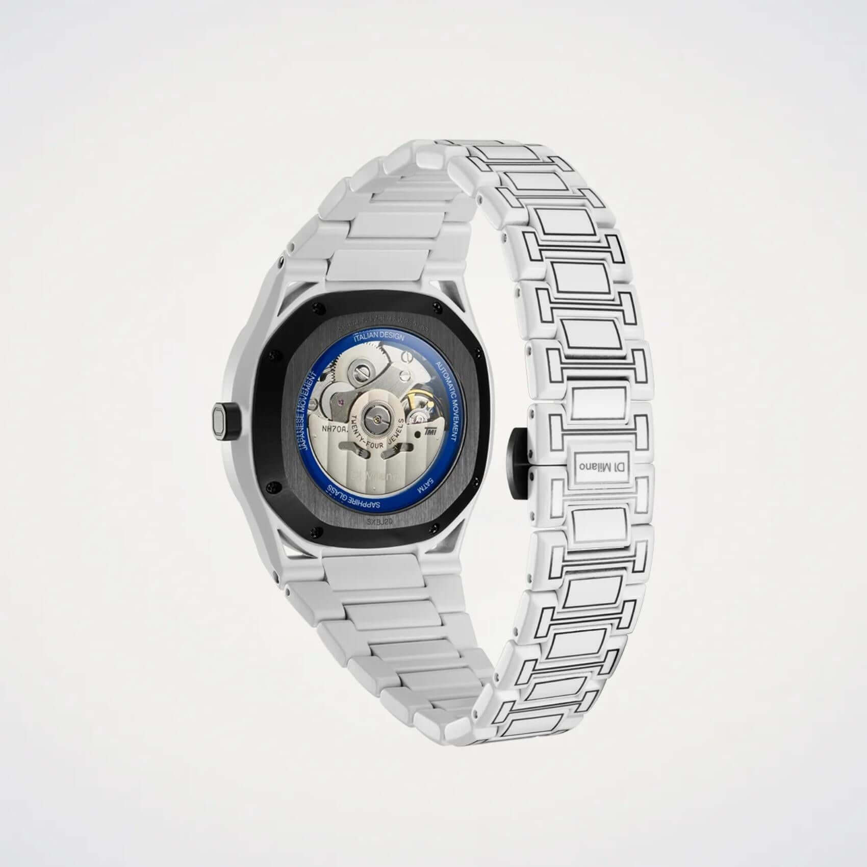 Ανδρικό ρολόι D1 Milano Skeleton White Sketch D1-SKBJ20 με άσπρο ατσάλινο μπρασελέ, άσπρο skeleton καντράν 40.5mm και open back μηχανισμό.